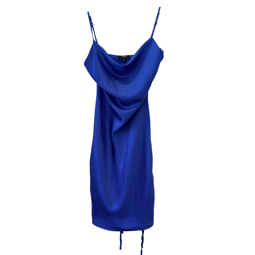 Y2K Minimalist Paper Heart Royal Blue Satin Cowl Neck Ruched Slip Dress Womens S